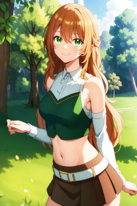 raeliana <lora:raeliana:0.8>, small breasts, blouse, sleeveless, crop top, miniskirt, long hair, beautiful face, green eyes, smile, (masterpiece:1.2), best quality, absurdres, highres, extremely detailed wallpaper, perfect lighting, unity 8k, outdoors, grass, field,