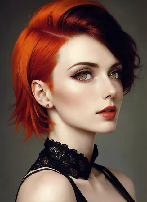 portrait of sks woman by Flora Borsi, style by Flora Borsi, bold, bright colours, orange Mohawk haircut, ((Flora Borsi)), <lora:locon_amouranth_v1_from_v1_64_32:1>