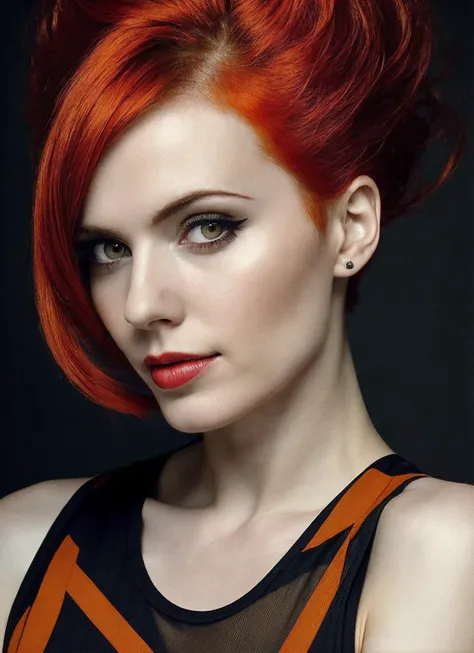 portrait of sks woman by Flora Borsi, style by Flora Borsi, bold, bright colours, orange Mohawk haircut, ((Flora Borsi)), <lora:locon_amouranth_v1_from_v1_64_32:1>