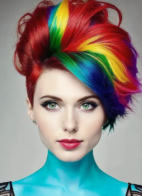 portrait of sks woman by Flora Borsi, style by Flora Borsi, bold, bright colours, rainbow Mohawk haircut, ((Flora Borsi)), <lora:locon_amouranth_v1_from_v1_64_32:1.25>