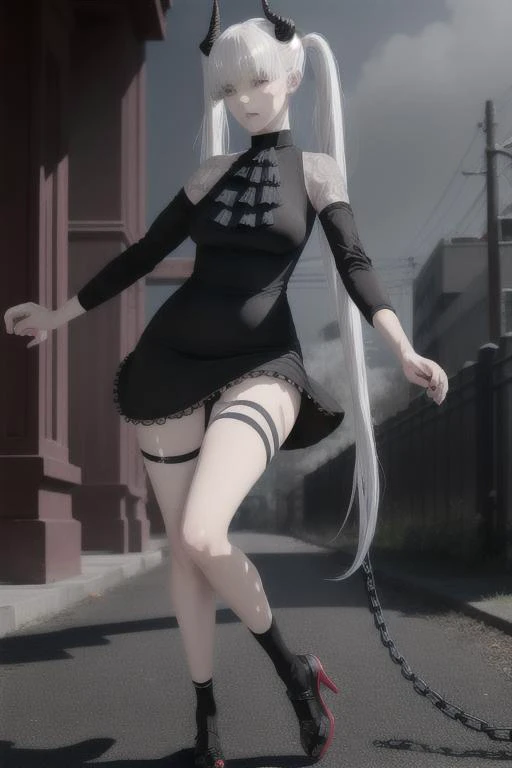 <lora:chainedSarkazGirl_v1:1> white hair, very long hair, twintails, black horns, red eyes, eye visible behind hair, black dress, black ascot, asymmetrical clothes, single sleeve, single leg pantyhose, black socks, black footwear, chain, chains, proportional eyes, (realistic:1.5), extremely detailed, hyper detailed, soft lighting, detailed background, extreme detail background, sharp details, beautiful face, symmetrical eyes, short red hair, short hair, red hair, green eyes, woman, high quality, (full body:1.3),