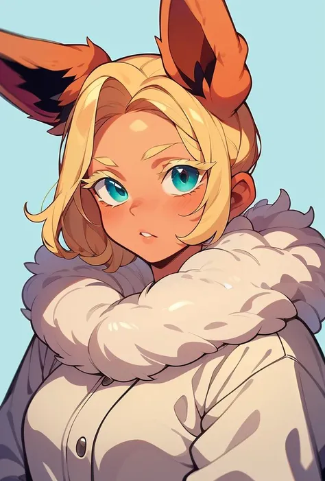 (masterpiece, best quality), 1girl, Ivory Short Crew Cut with Fade, <lora:1721425596855814641:0.8> flareon, blonde hair, blue eyes, animal ears, fur trim
