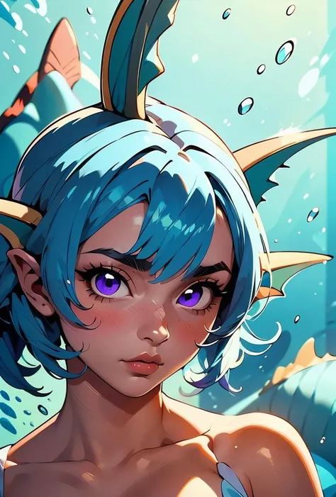 (masterpiece, best quality), 1girl, <lora:1721123430614453536:0.8> blue hair, purple eyes, head fins, fins, Vaporeon