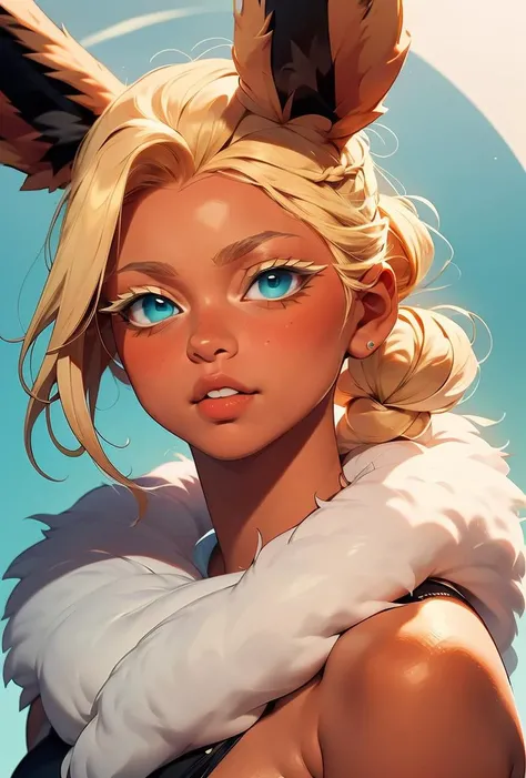 (masterpiece, best quality), 1girl, Alabaster Mohawk Braid, <lora:1721425596855814641:0.8> flareon, blonde hair, blue eyes, animal ears, fur trim
