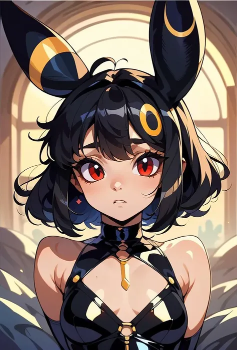 (masterpiece, best quality), 1girl,  Rich Brunette Pinned-Back Curls with Crystal Hairpins, flat chest,    <lora:1720562500228886635:0.8> Animal ears, Umbreon, Black hair, Red eyes