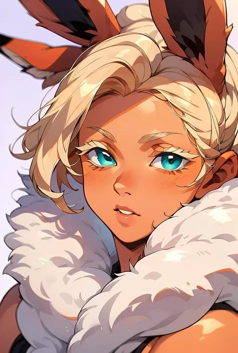(masterpiece, best quality), 1girl, Lilac Pink Classic Taper Cut with Textured Bangs, <lora:1721425596855814641:0.8> flareon, blonde hair, blue eyes, animal ears, fur trim