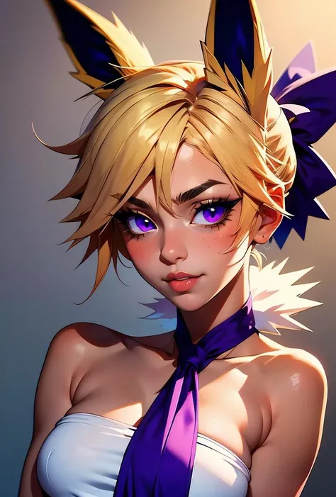 (masterpiece, best quality), 1girl, Cinnamon Tucked-In Low Ponytail with Ribbon Tie, Size C breasts, <lora:1720872717599112707:0.8> Blonde hair, Animal ears, Fur trim, Purple eyes, Spiked hair