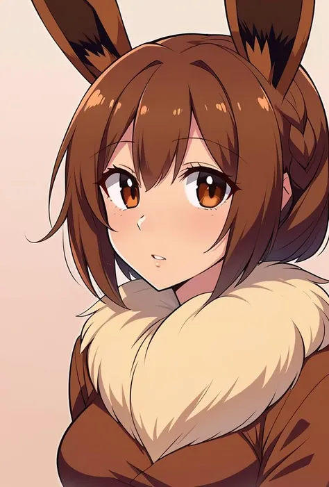 (masterpiece, best quality), 1girl,  Copper Red Low Chignon with Braided Wrap, Sizes I to L breasts,     <lora:1720551427477567089:0.8> Brown hair, Fur trim, Eevee, Animal ears, Brown eyes