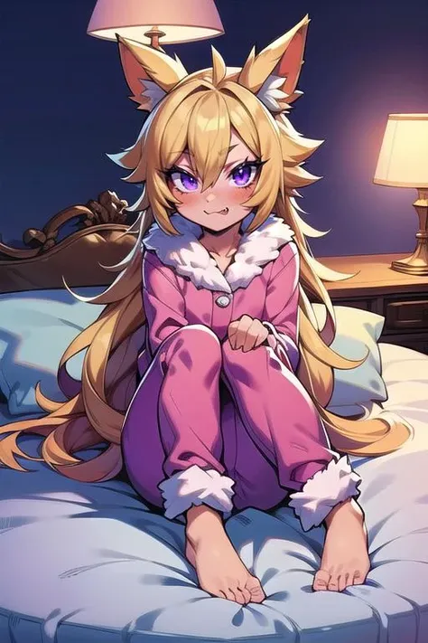 (masterpiece:1.2), best quality, (blonde hair, animal ears, long hair, spiked hair, flipped hair, fur trim, purple eyes, fang), on bed, on back, pajamas, bedroom, lamp, full body, bedroom, lamp, electrokinesis, detailed background, detailed face, detailed eyes, <lora:gijinka_jolteon:0.7>