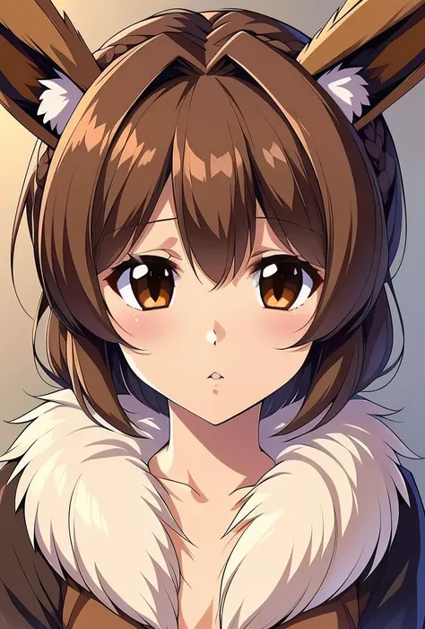 (masterpiece, best quality), 1girl,  Blue Crown Braided Updo, flat chest,     <lora:1720551427477567089:0.8> Brown hair, Fur trim, Eevee, Animal ears, Brown eyes