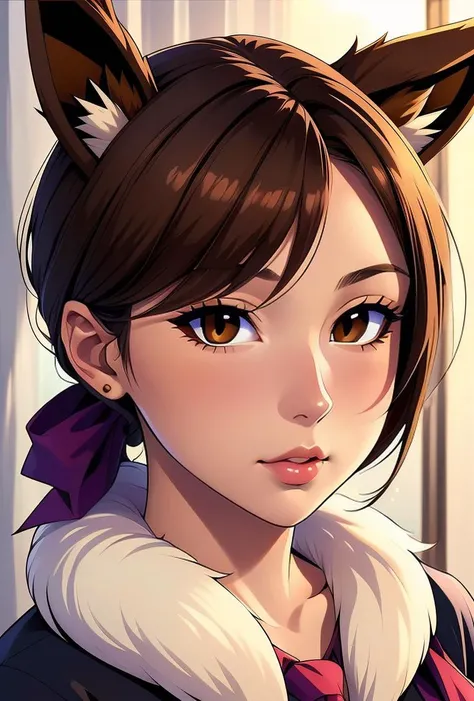 (masterpiece, best quality), 1girl,  Soft Lavender Tucked-In Low Ponytail with Ribbon Tie, Sizes I to L breasts,     <lora:1720551427477567089:0.8> Brown hair, Fur trim, Eevee, Animal ears, Brown eyes