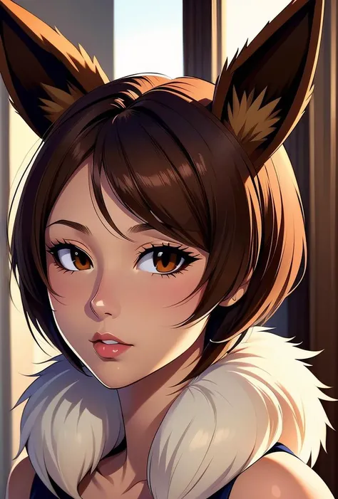 (masterpiece, best quality), 1girl, Navy blue High and Tight Haircut, Size D breasts, <lora:1720551427477567089:0.8> Brown hair, Fur trim, Eevee, Animal ears, Brown eyes