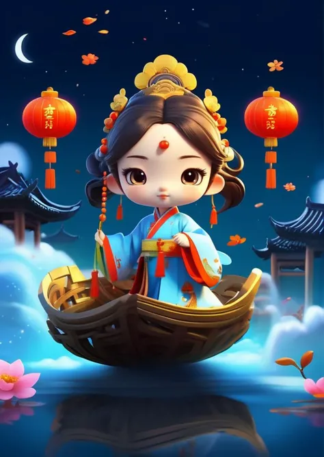 best quality, masterpiece, cute cartoon, chibi chinese, goddess, chinese clothes, cloud, night moon,colorful waterfall