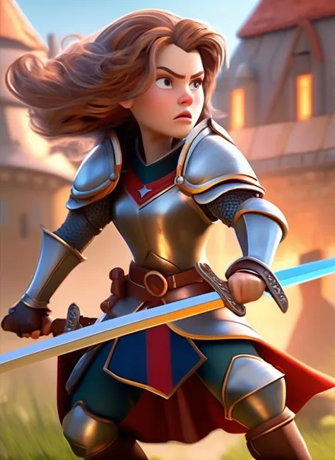 A picture of young knight woman battle in the battlefield with sword, she was angry, in the style of action scene, in the style of magali villeneuve, fantasy illustrations, meticulous detail, kathrin longhurst, vray tracing, rounded,disney cartoon, cute cartoon
