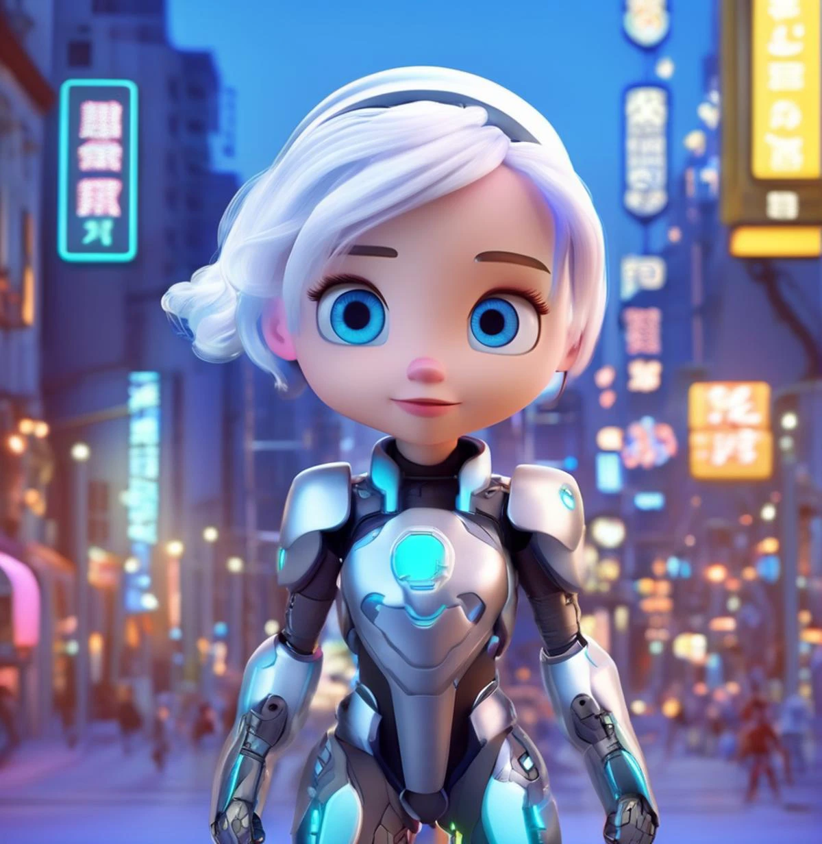 (best quality, masterpiece:1.6), 3d cartoon, cute cartoon,disney cartoon,(masterpiece, best quality),cyborg girl, white hair, cyber arm, neon armor, night city , beautiful eyes, blue eyes, light in eyes
