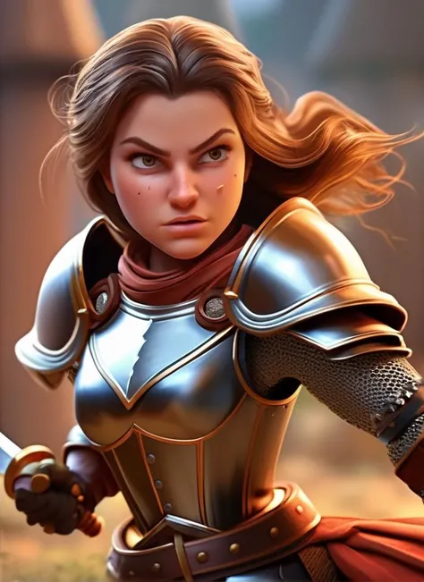 A picture of young knight woman battle in the battlefield with sword, she was angry, in the style of action scene, in the style of magali villeneuve, fantasy illustrations, meticulous detail, kathrin longhurst, vray tracing, rounded,disney cartoon, cute cartoon