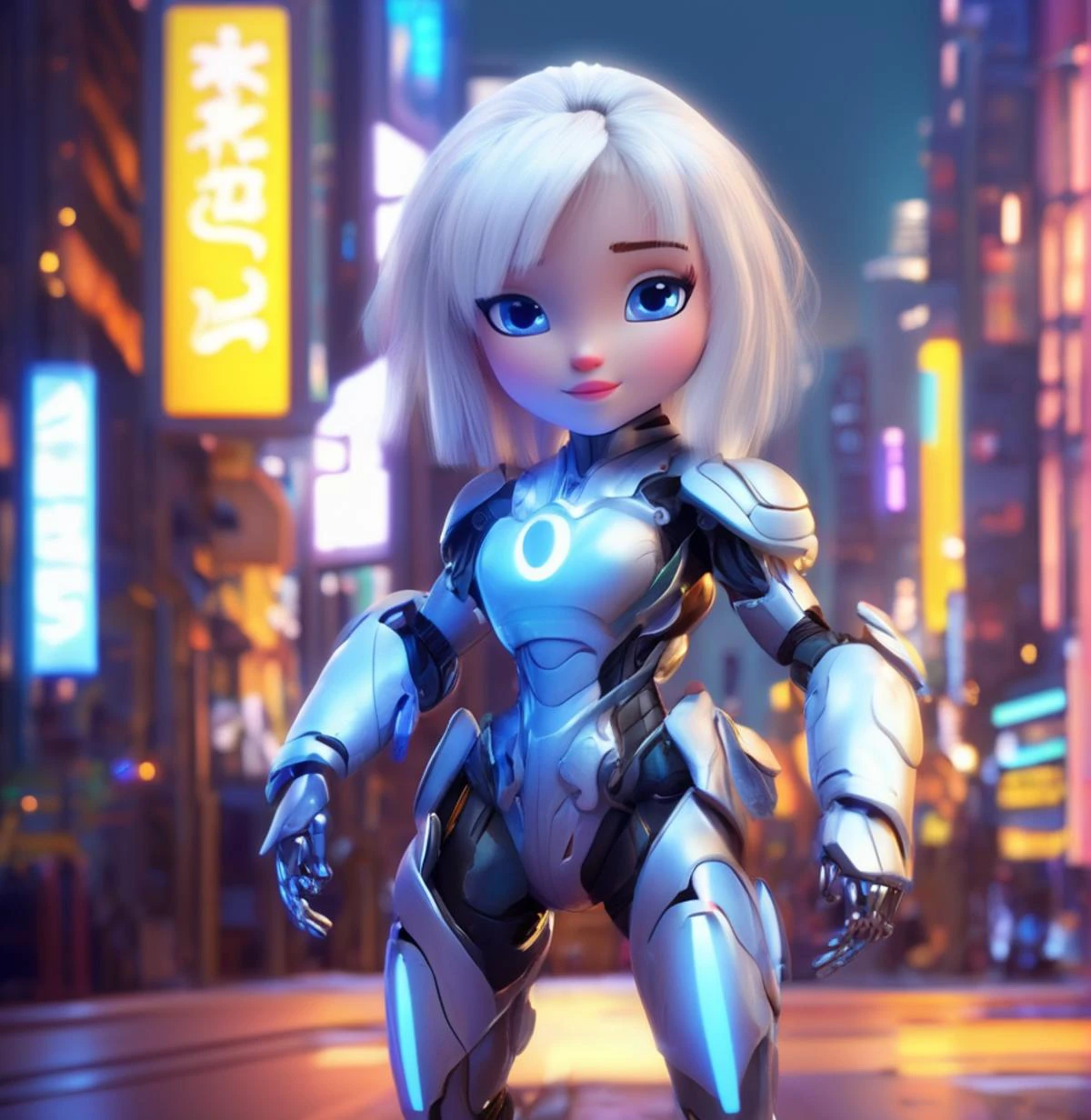 (best quality, masterpiece:1.6), 3d cartoon, cute cartoon,disney cartoon,(masterpiece, best quality),cyborg girl, white hair, cyber arm, neon armor, night city , beautiful eyes, blue eyes, light in eyes