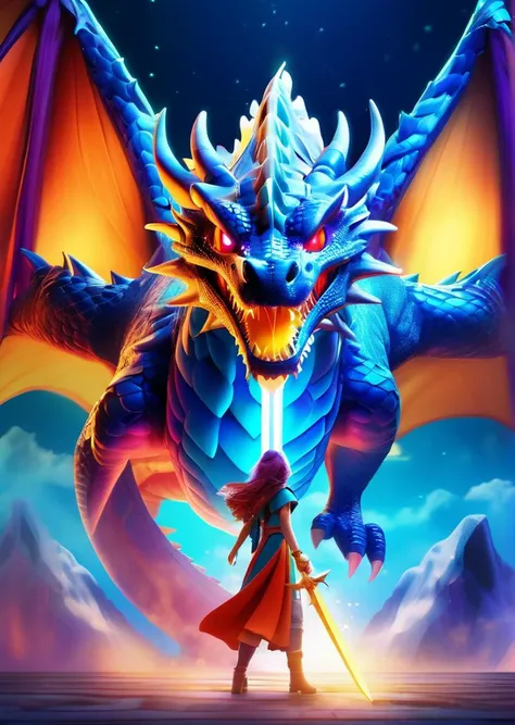 (1 giant dragon:1.3) behind 1girl holding a glowing sword,void energy diamond sword, in the style of dark azure and light azure, vibrant , uhd image, glassy translucence, ultra realistic, long hair, straight hair, light purple hair,head jewelly, jewelly, shawls,light In eyes, red eyes, portrait, firefly, bokeh, cloud, abstract, colorful background, night sky, flame, very detailed, high resolution, sharp, sharp image, 4k, 8k, masterpiece, best quality, magic effect, (high contrast:1.4), diamond, skin detail, face detail, eyes detail, mysterious colorful background, dark blue themes, disney cartoon, cute cartoon