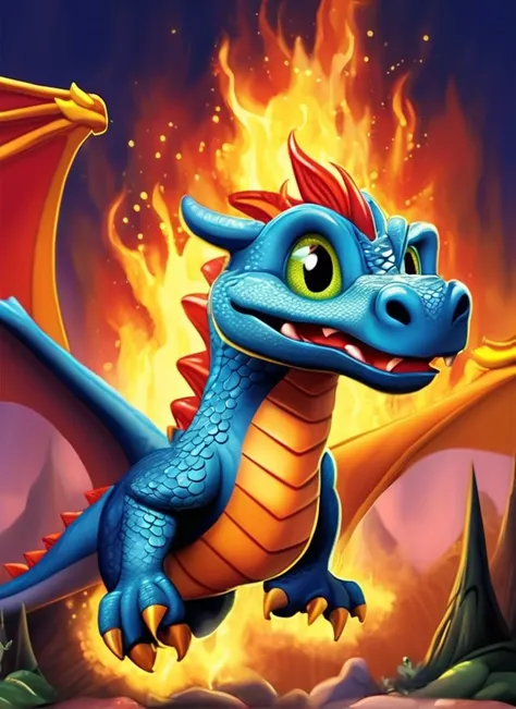 (1 giant dragon:1.3), eyes detail, fire dragon, flying, thunder, disney cartoon, cute cartoon