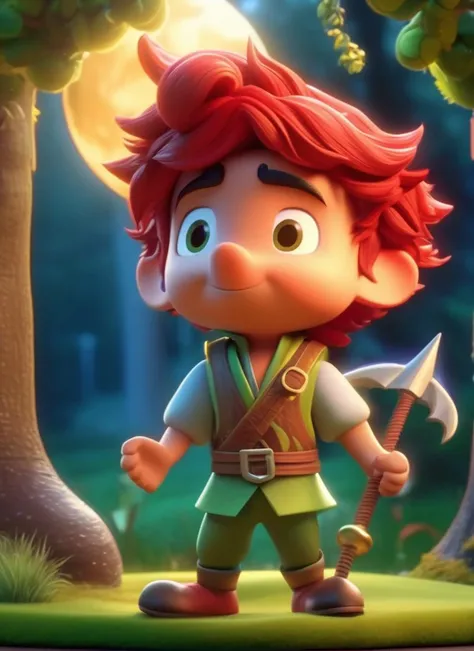 best quality, masterpiece, of a male, dressed as a Fighter, with red hair, with a male fantasy hairstyle, wearing a fancy hat, medium shot, stood, In a tranquil glade where time stands still and fairies dance in the moonlight,, cinematic, volumetric lighting, highly detailed, 8k disney cartoon, cute cartoon