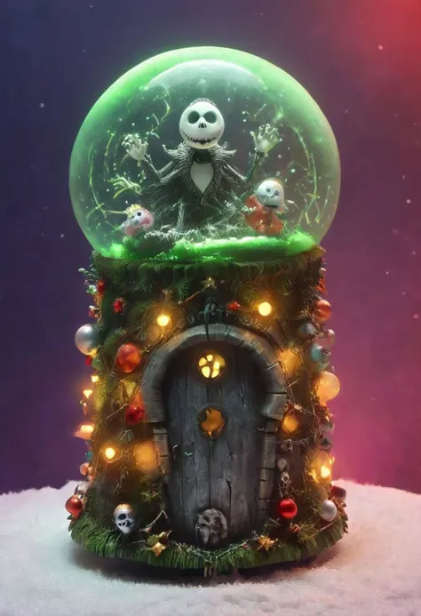 greenteam snowglobe. nightmare before christmas, smiling necrons xmas christmas festive, luminous eyes, Beneath a neon-pastel Christmas Sky, christmas xmas TreeHouse to the Sky, best quality, 32k uhd, insane details, intricate details, hyperdetailed, hyper quality, high detail, ultra detailed, Masterpiece, photography, high Contrast