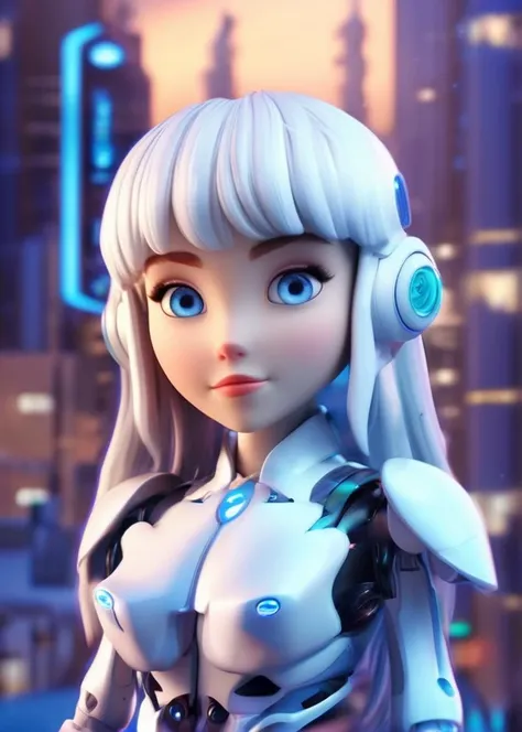 (best quality, masterpiece:1.6), 3d cartoon, cute cartoon,disney cartoon,(masterpiece, best quality),cyborg girl, white hair, long hair, bangs, headwear, cyber arm, neon armor, night city , beautiful eyes, blue eyes, light in eyes, cyber wings