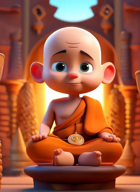 3D, 3D character, 3D rendering, 1 monk wearing a giant rosary on his chest, beautiful eyes, bald head, sitting in meditation,halo in the back, abstract background
disney cartoon, cute cartoon