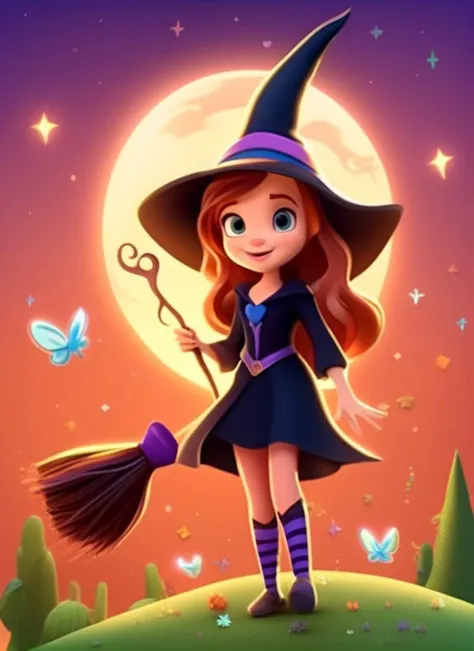 1girl, magical, witch ,disney cartoon, cute cartoon