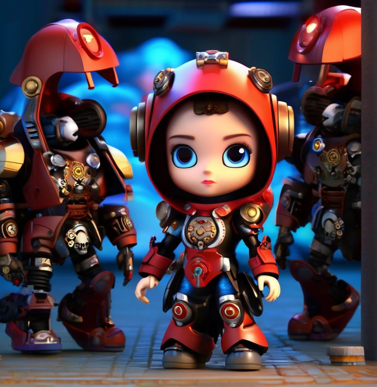 (best quality, masterpiece:1.6), 3d cartoon, cute cartoon,disney cartooncyber girl power armor-hoodie adeptus mechanicus, eyepieces, finely detailed armor, looking away, encrusted with skulls, black and red, warhammer 40k, dark tones, blacksmith shop in the background, sparks, cinematic lighting, mysterious
, beautiful eyes, blue eyes, light in eyes