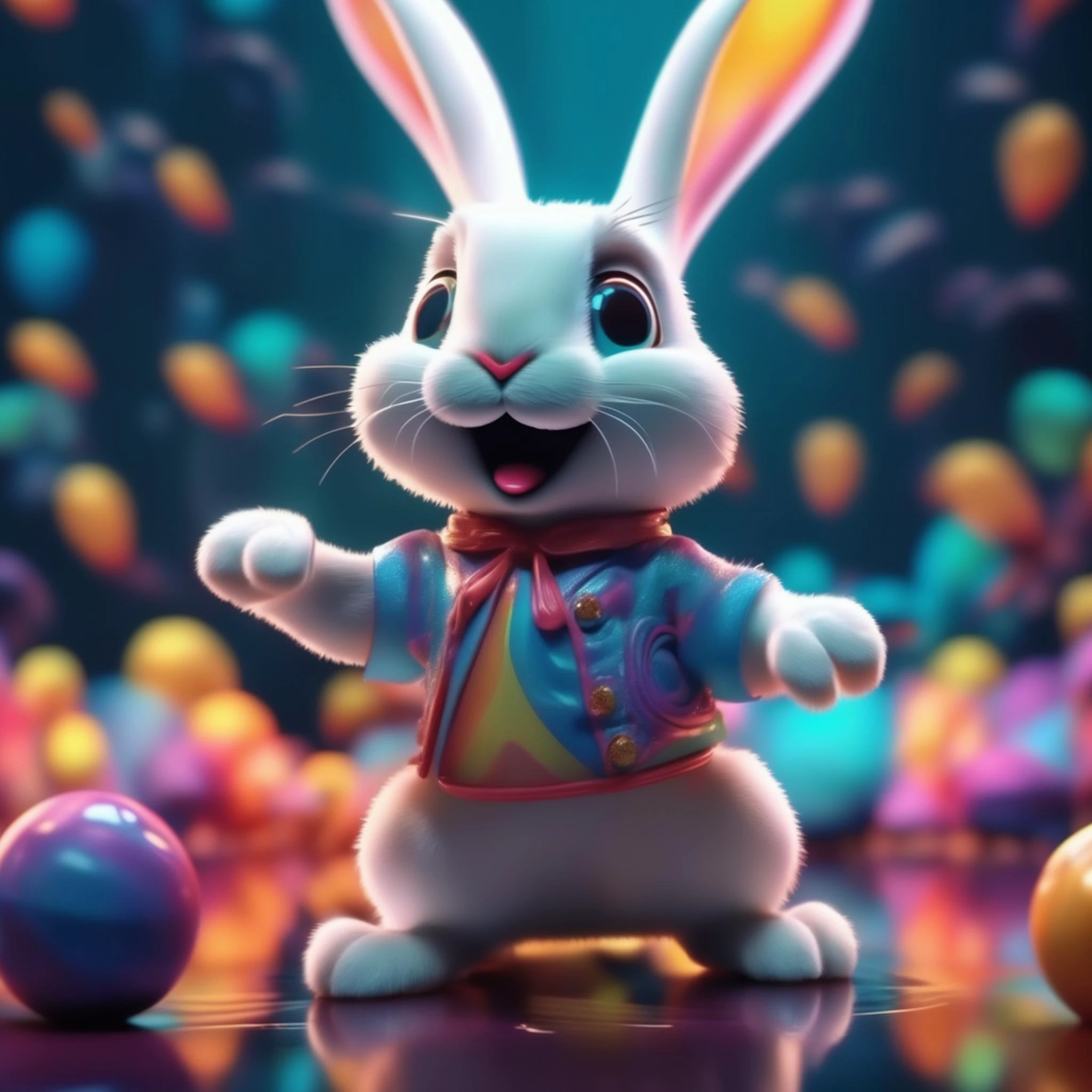 Intricately detailed, color depth, dramatic, happy rabbit, side light, colorful background objects warping, melting, float, bend, twist, and stretch, Sharp image, 4k, 8k,, Detailed and Intricate, Cinematic, Color Grading, Dramatic