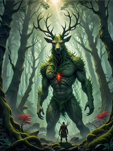 the image depicts a fantastical scene set in a dense, misty forest. dominating the scene is a colossal, humanoid tree creature with deer like antlers, covered in green foliage. its eyes glow with a fierce red hue, and it appears to be in a state of alertness or aggression. two human like figures stand in the foreground, seemingly confronting or observing the tree creature. one of them wields a long, sharp weapon, while the other holds a staff. the forest around them is thick with twisted trees, moss, and other greenery, creating an eerie and mystical atmosphere., <lora:sdxl_lightning_8step_lora.safetensors:0.7>