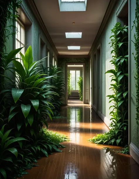 liminal space inside a quiet empty hallways, rainy, natural light filtering in, overgrown plants,peeling wallpaper, at twilight,
Masterpiece,best quality,hi res,8k,hi res,8k,award winning,(sharp focus, intricate, highly detailed),