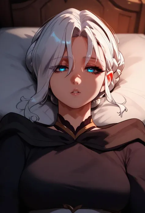 zPDXL2, score_9_up, score_8_up, score_7_up, (Anime_source), 1girl, ErinDanua, blue eyes, silver hair, bun hair, braid, Erin clothes, looking at viewer, lying on back, bed, (cowboy shot), parted lips,