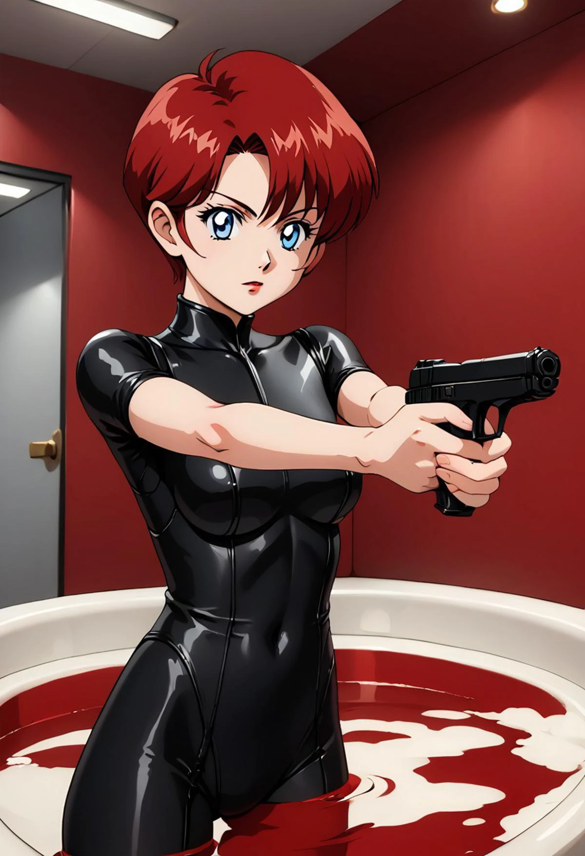 Felecia Manning (fictional character) , a cute young woman, short bright red hair, blue eyes, ruanyi0869,black bodysuit,shiny clothes solo. holding gun, handgun, aiming, in a diner, retro, blood bath