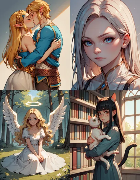 https://civitai.com/articles/5300 ___ All images: score_9, score_8_up, score_7_up ___ 1st image: 1girl, 1boy, Princess_Zelda, \(The_Legend_of_Zelda:_Breath_of_the_Wild\), standing, kiss, hug, closed_eyes ___ 2nd image: 1girl, lovely face, portrait, close-up, looking_at_viewer, closed_mouth ___ 3rd image: 1girl, solo, blonde_hair, wavy_hair, angel, angel_wings, halo, smile, sitting, forest, white_dress ___ 4th Image: 1girl, solo, long_hair, black_hair, blunt_bangs, straight_hair, round_eyewear, cat_girl, cat_ears, cat_tail, standing, hug cat, looking_at_viewer, library