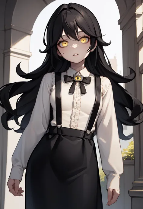 score_9, score_8_up, score_7_up, source_anime BREAK 1girl, solo, <lora:grimmi-vtuber-richy-v1_pdxl:1> grimmi, black hair, yellow eyes, long hair, black neck ribbon, suspenders, black skirt, white shirt, looking at viewer, parted lips,