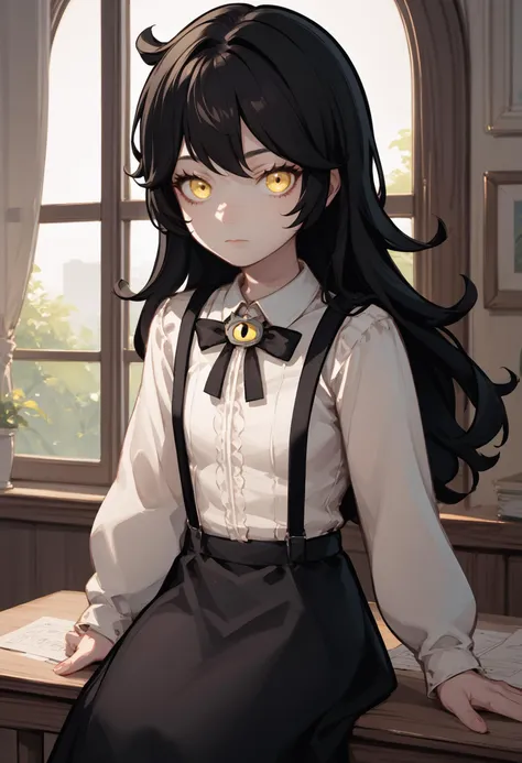 score_9, score_8_up, score_7_up, source_anime BREAK 1girl, solo, <lora:grimmi-vtuber-richy-v1_pdxl:1> grimmi, black hair, yellow eyes, long hair, black neck ribbon, suspenders, black skirt, white shirt, looking at viewer, closed mouth, indoors, sitting, desk