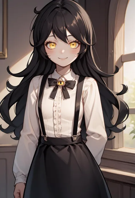 score_9, score_8_up, score_7_up, source_anime BREAK 1girl, solo, <lora:grimmi-vtuber-richy-v1_pdxl:1> grimmi, black hair, yellow eyes, long hair, black neck ribbon, white shirt, suspenders, black skirt, smile, blush, looking at viewer, indoors, [black background::0.2]