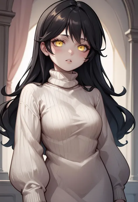 score_9, score_8_up, score_7_up, source_anime BREAK 1girl, solo, <lora:grimmi-vtuber-richy-v1_pdxl:1> grimmi, black hair, yellow eyes, long hair, turtleneck sweater, ribbed sweater, parted lips, blush, looking at viewer