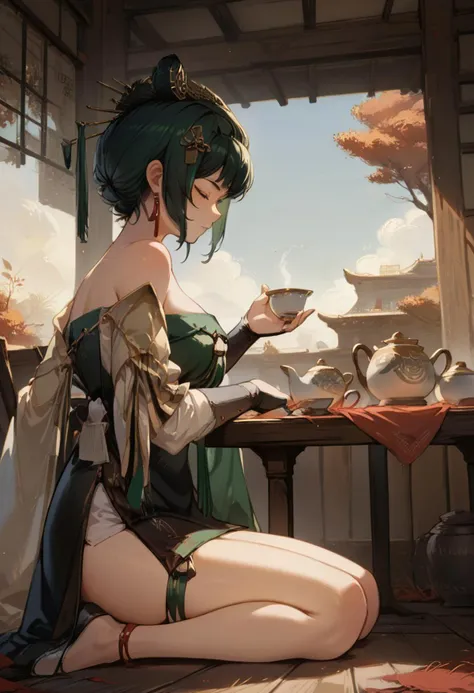 zPDXL3, score_9_up, score_8_up, score_7_up, (Anime_source), 1girl, Zitherwoe, brown eyes, dark green hair, hair bun, (mole under eye), Zitherwoe clothes, large breast, kneeling, from side, (ancient indoor), table, tea, closed eyes, ease, relaxed