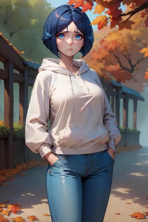 score_9, score_8_up, score_7_up, score_6_up, source_anime, 1girl, solo <lora:pkmnevelyn-pdxl-nvwls-v1-000006:1> pmEvelyn, dark blue hair, bob cut, parted bangs, short hair, blue eyes, large breasts, white hoodie, jeans, hands in pockets, pout, looking at you, sad, autumn