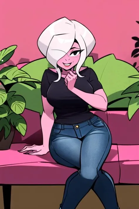 masterpiece, best quality, <lora:big_mama_rtmt:0.7> 1girl, solo, hair over one eye, dress, black eyes, colored skin, pink skin, white hair, smile, looking at viewer, facing viewer, black shirt, short sleeves, jeans, sitting, indoors, couch, red background, plants
