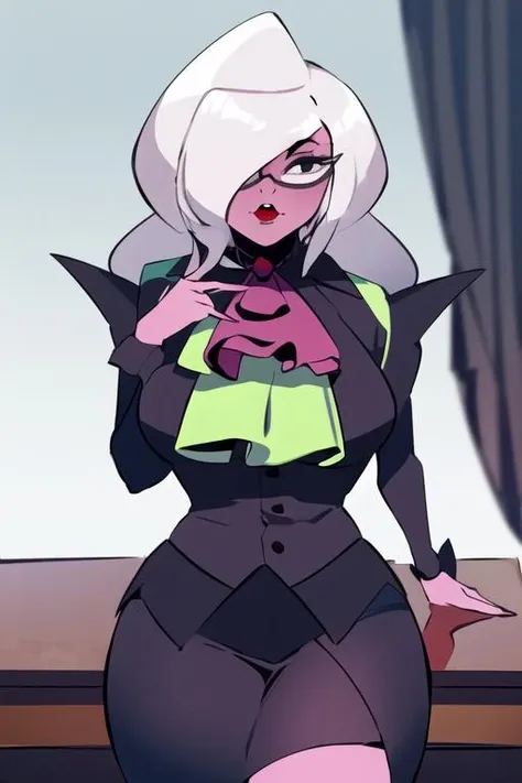 masterpiece, best quality, <lora:big_mama_rtmt:0.7> big_mama_rtmt, 1girl, hair over one eye, white hair, colored skin, long hair, dress, glasses, ascot, skirt, looking at viewer, black eyes, makeup, upper body, facing viewer,