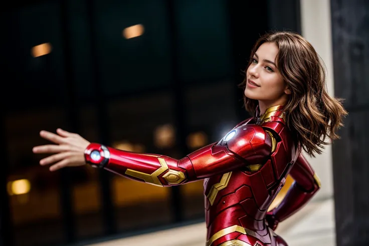 Marvel movies,full body,from side and behind,photo of a 18 year old girl,ironman,looking at viewer,wildly dancing,happy,nice hands,perfect hands,<lyco:GoodHands-beta2:1>,hand of Guido Daniele,windy,ray tracing,detail shadow,shot on Fujifilm X-T4,85mm f1.2,depth of field,blurry background,bokeh,motion blur,<lora:add_detail:1>,