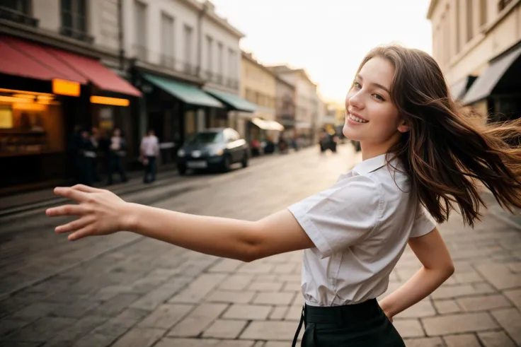 full body,from side and behind,photo of a 18 year old girl,looking at viewer,wildly dancing,happy,nice hands,perfect hands,<lyco:GoodHands-beta2:1>,hand of Guido Daniele,shirt,pants,windy,ray tracing,detail shadow,shot on Fujifilm X-T4,85mm f1.2,depth of field,blurry background,bokeh,motion blur,<lora:add_detail:1>,