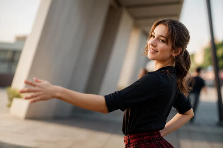 full body,from side and behind,photo of a 18 year old girl,looking at viewer,wildly dancing,happy,nice hands,perfect hands,<lyco:GoodHands-beta2:1>,hand of Guido Daniele,shirt,pants,windy,ray tracing,detail shadow,shot on Fujifilm X-T4,85mm f1.2,depth of field,blurry background,bokeh,motion blur,<lora:add_detail:1>,