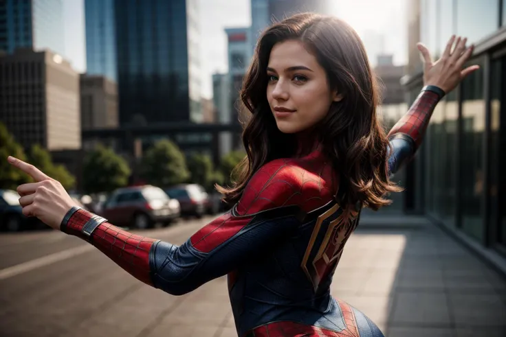 Marvel movies,full body,from side and behind,photo of a 18 year old girl,spiderman,looking at viewer,dancing,happy,outdoor,windy,ray tracing,detail shadow,shot on Fujifilm X-T4,85mm f1.2,depth of field,blurry background,bokeh,motion blur,<lora:add_detail:1>,