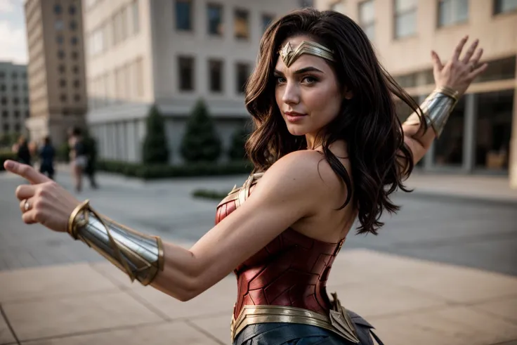 DC movies,full body,from side and behind,photo of wonder woman,looking at viewer,dancing,happy,outdoor,windy,ray tracing,detail shadow,shot on Fujifilm X-T4,85mm f1.2,depth of field,blurry background,bokeh,motion blur,<lora:add_detail:1>,