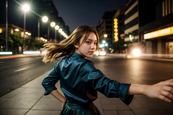 wide shot,from behind,from above,photo of a 18 year old girl,dancing,stretching right arm,happy,looking at viewer,smart casual clothes,green eyes,outdoor,windy,street,french,ray tracing,detail shadow,shot on Fujifilm X-T4,14mm f1.8,sharp focus,depth of field,blurry background,bokeh,lens flare,motion blur,<lora:add_detail:1>,