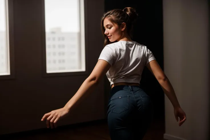 full body,from behind,photo of a 18 year old girl,dancing,spinning,happy,shirt,pants,ray tracing,detail shadow,shot on Fujifilm X-T4,85mm f1.2,depth of field,blurry background,bokeh,motion blur,<lora:add_detail:1>,